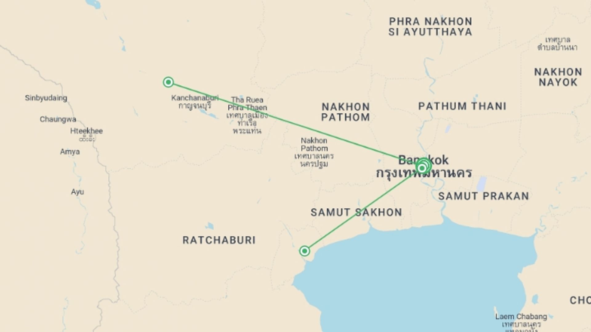 A map showing the tour itinerary for the trip: Must See Bangkok, City Break, Small Group Tour, starting in Bangkok, Thailand and ending in Bangkok, Thailand going through 0 other destinations.