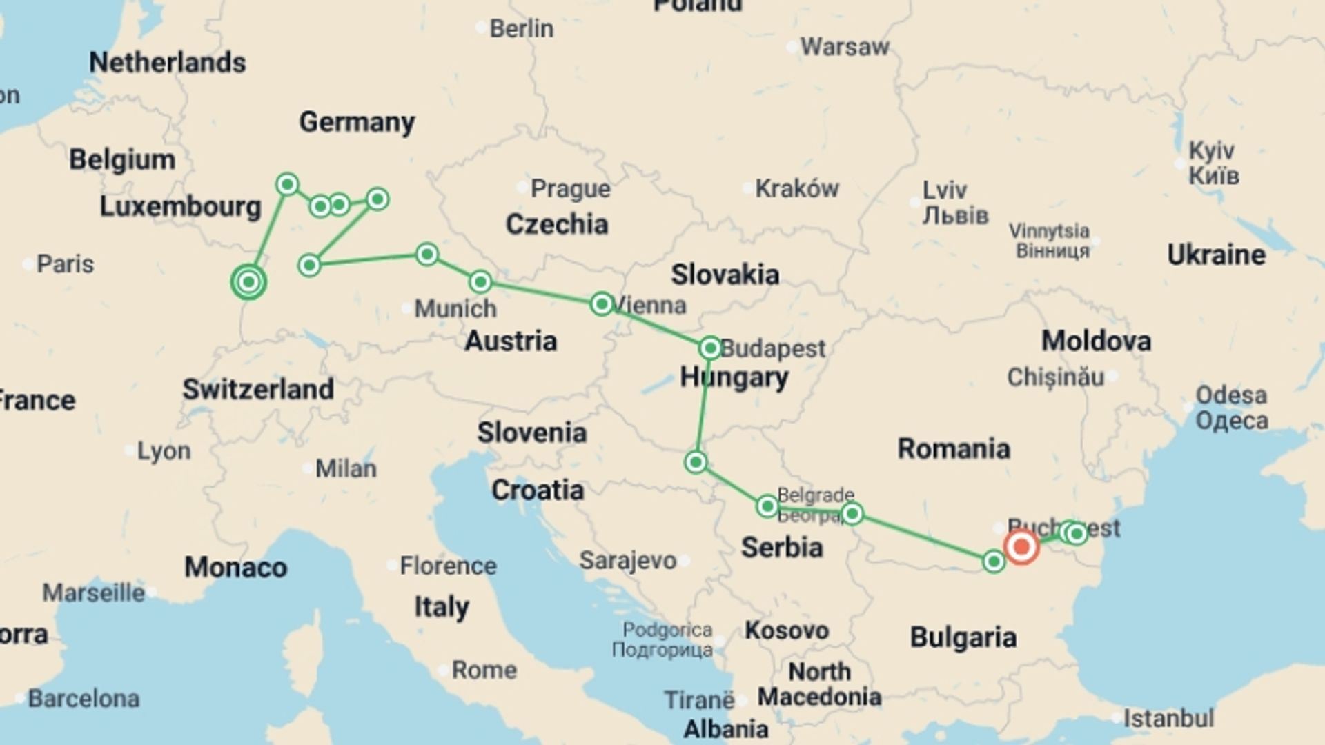 A map showing the tour itinerary for the trip: Trans-European cruise from France to the Iron Gates, 3 rivers, the Rhine, the Main and the Danube (port-to-port cruise), starting in Strasbourg, France and ending in Oltnenita, Romania going through 16 other destinations.