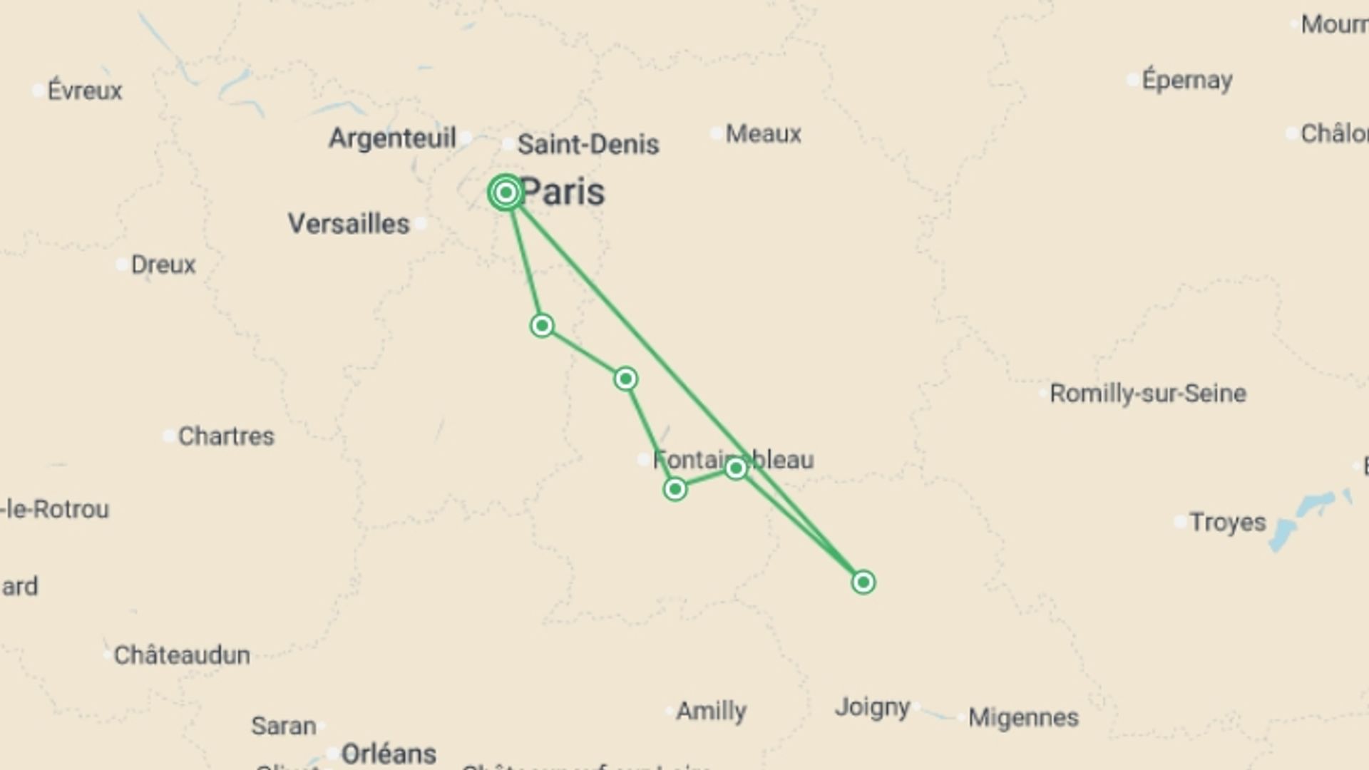 A map showing the tour itinerary for the trip: Revisit France's Past, its Royal Sites, and Medieval Cities during a Historic Cruise on the Petite Seine  (port-to-port cruise), starting in Paris, France and ending in Paris, France going through 6 other destinations.