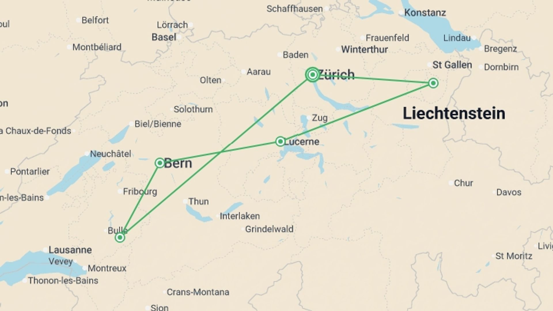 A map showing the tour itinerary for the trip: Mountains, Valleys and Lakes of Switzerland, starting in Zurich, Switzerland and ending in Zurich, Switzerland going through 5 other destinations.