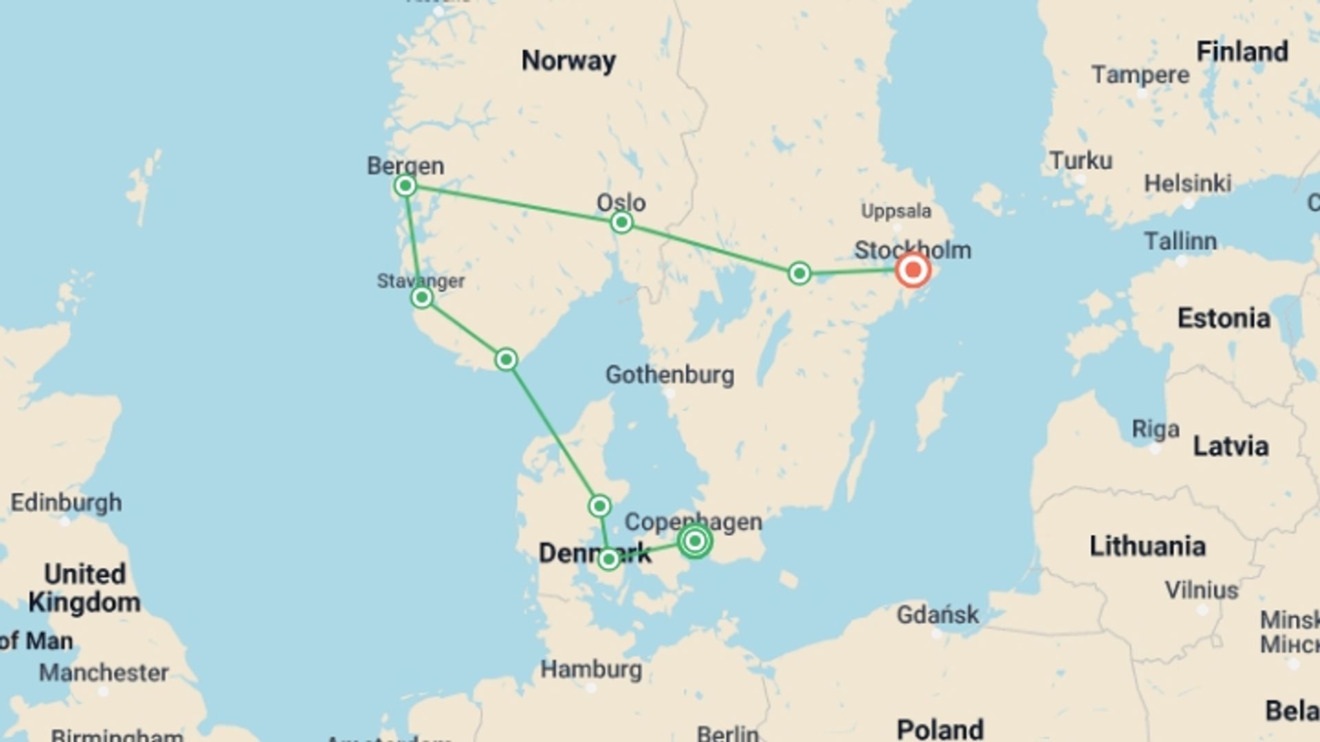 A map showing the tour itinerary for the trip: Highlights of Scandinavia, starting in Copenhagen, Denmark and ending in Stockholm, Sweden going through 4 other destinations.