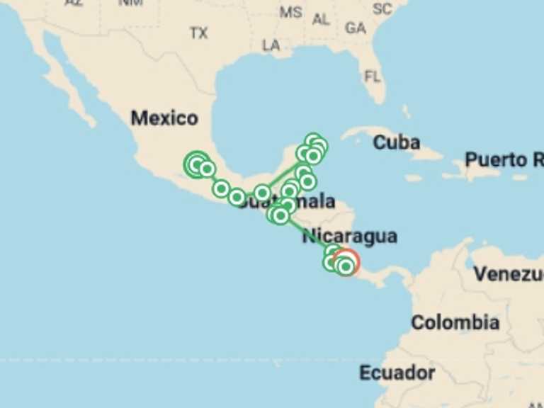 Map of a Walking Tour with 27 destination visits for the trip: EPIC CENTRAL AMERICA 40 DAYS