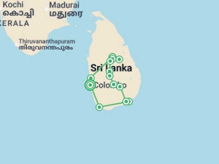 Map of 8-Day Sri Lanka Tour with 5 destination visits for the trip: Sri Lanka, The Enchanted Island, Spanish-speaking Guide