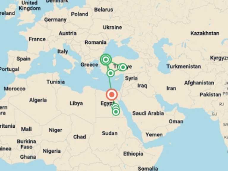 Map itinerary of Mediterranean Tour in April 2026 with 7 destination visits for the trip: Magical Türkiye and Egypt