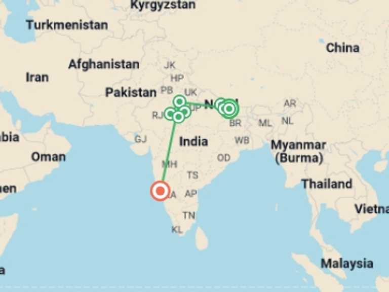 Map itinerary of Asia Tour in October 2026 with 8 destination visits for the trip: Nepal to Golden Triangle & Goa - 19 days