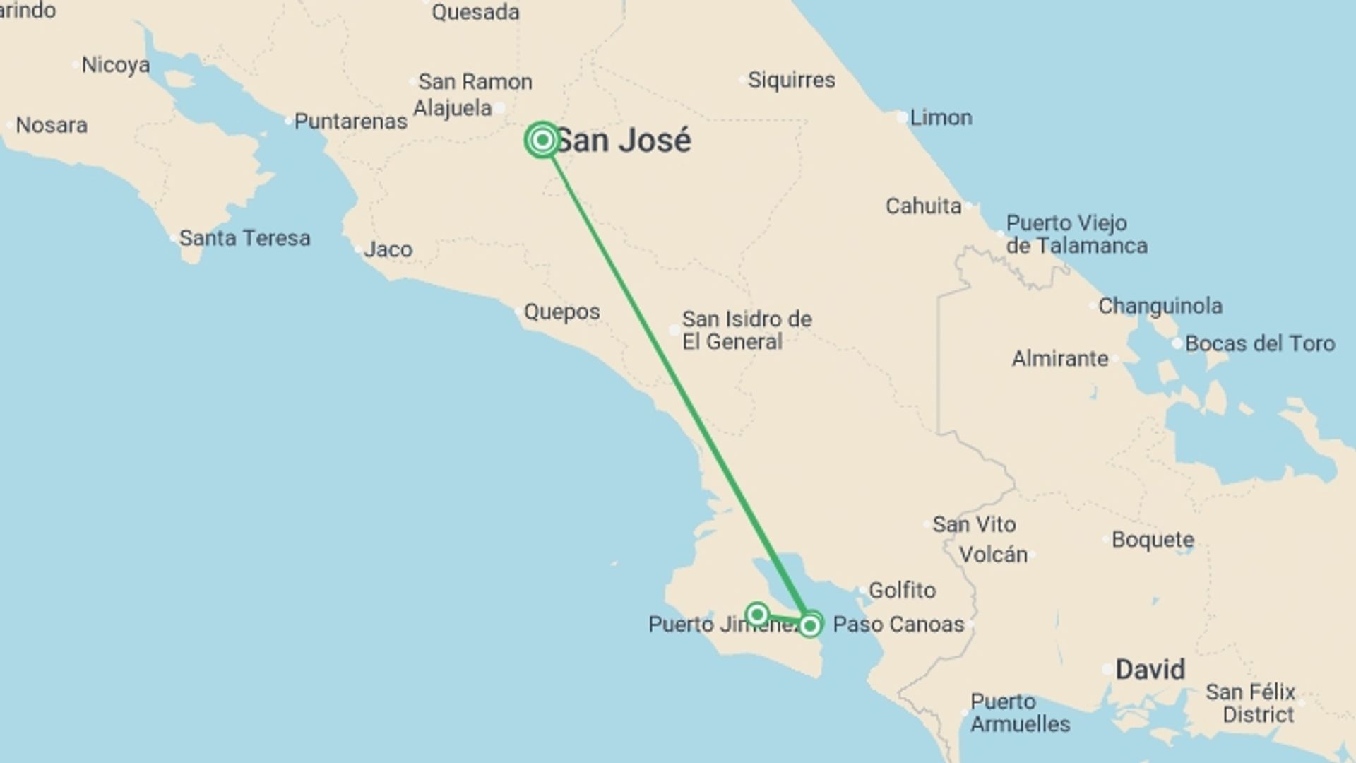 A map showing the tour itinerary for the trip: 4-day Botanika Osa Rainforest Experience, starting in San Jose, Costa Rica and ending in San Jose, Costa Rica going through 1 other destinations.