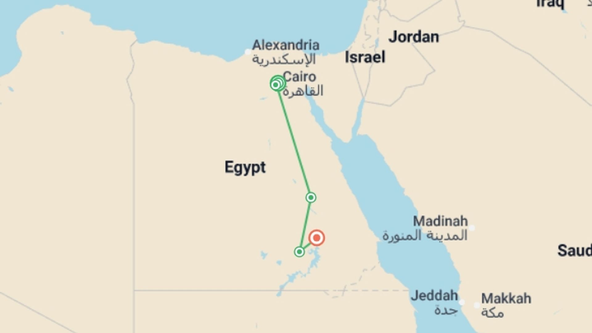 A map showing the tour itinerary for the trip: Egypt Premium Family Adventure, starting in Cairo, Egypt and ending in Aswan, Egypt going through 3 other destinations.