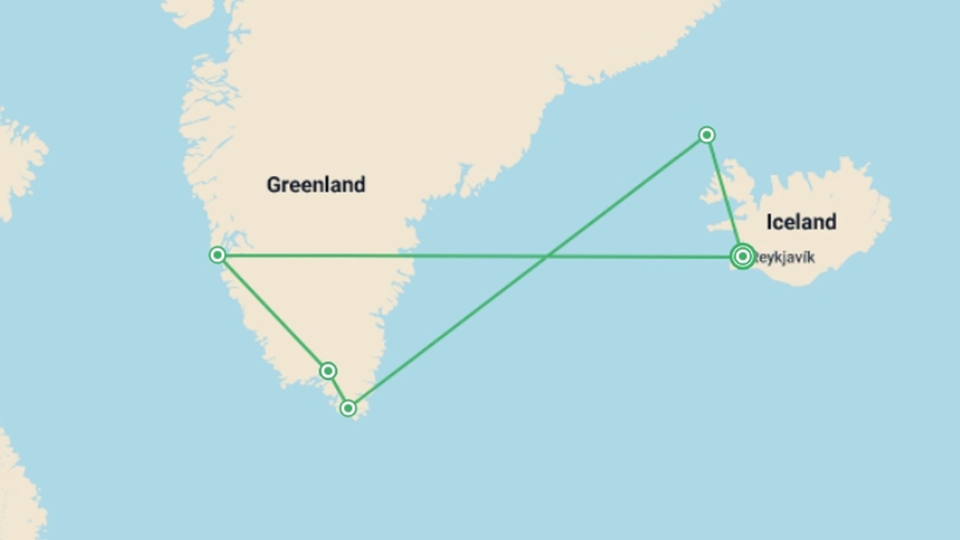 A map showing the tour itinerary for the trip: South Greenland Adventure: The Majestic Alpine Arctic, starting in Reykjavik, Iceland and ending in Reykjavik, Iceland going through 5 other destinations.