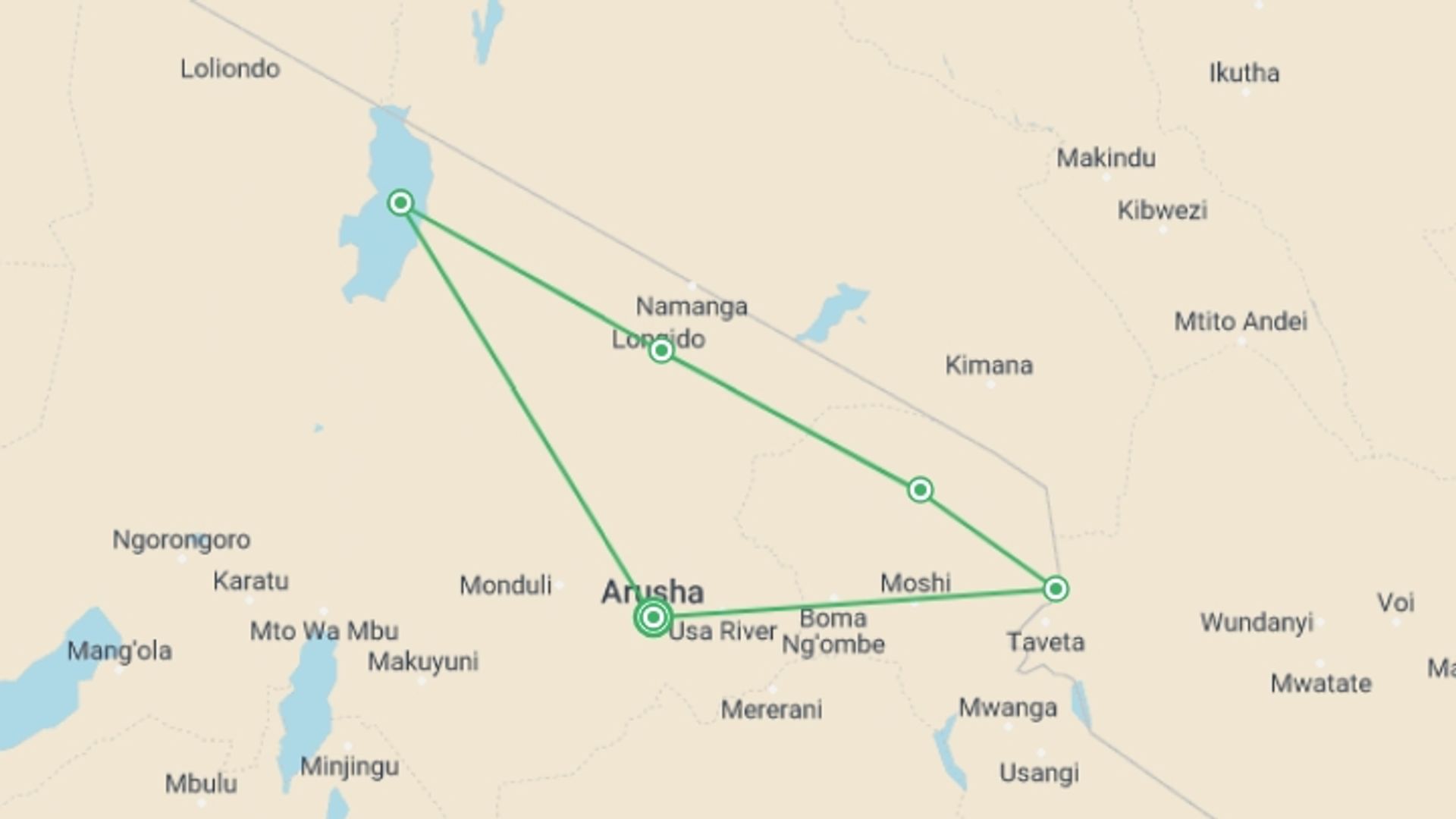 A map showing the tour itinerary for the trip: 7 Days Tanzania Motorcycle Tour, starting in Arusha, Tanzania and ending in Arusha, Tanzania going through 4 other destinations.