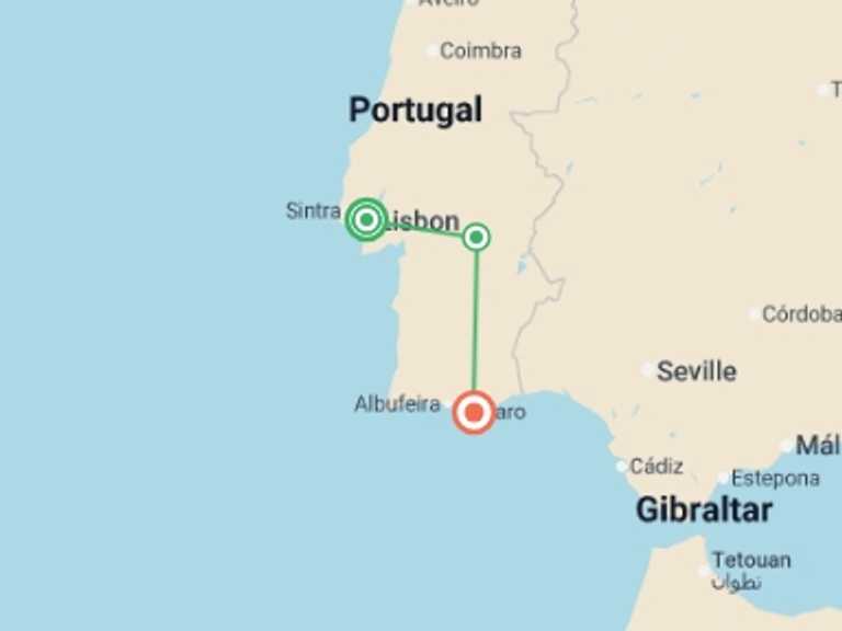 Map itinerary of Portugal Tour in November 2026 with 3 destination visits for the trip: Family Journey Portugal: Lisbon to the Algarve