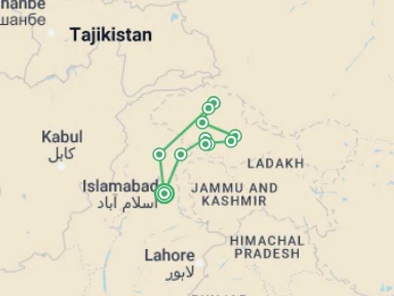 Map of a Sightseeing Tour with 12 destination visits for the trip: Karakorum Highlights