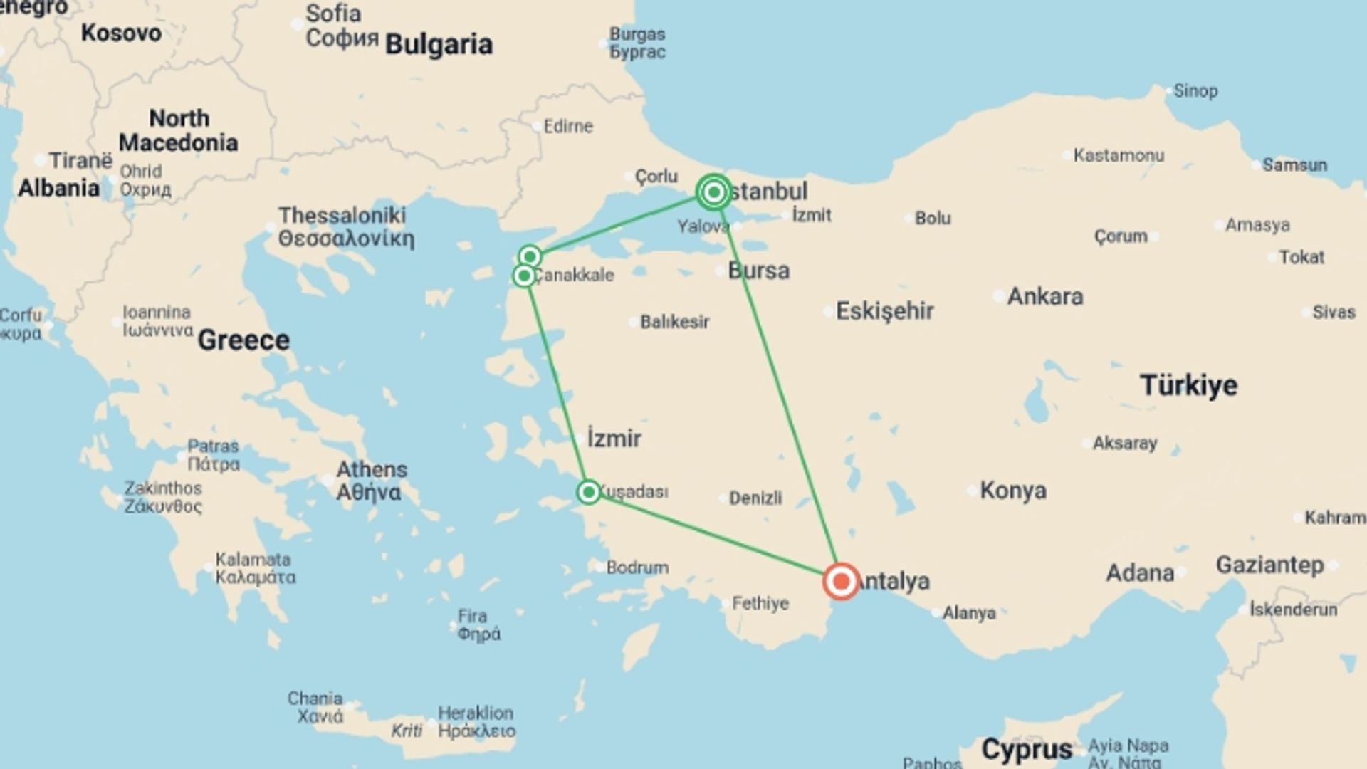 A map showing the tour itinerary for the trip: Pearls Of Turkey, starting in Istanbul, Turkey and ending in Antalya, Turkey going through 2 other destinations.