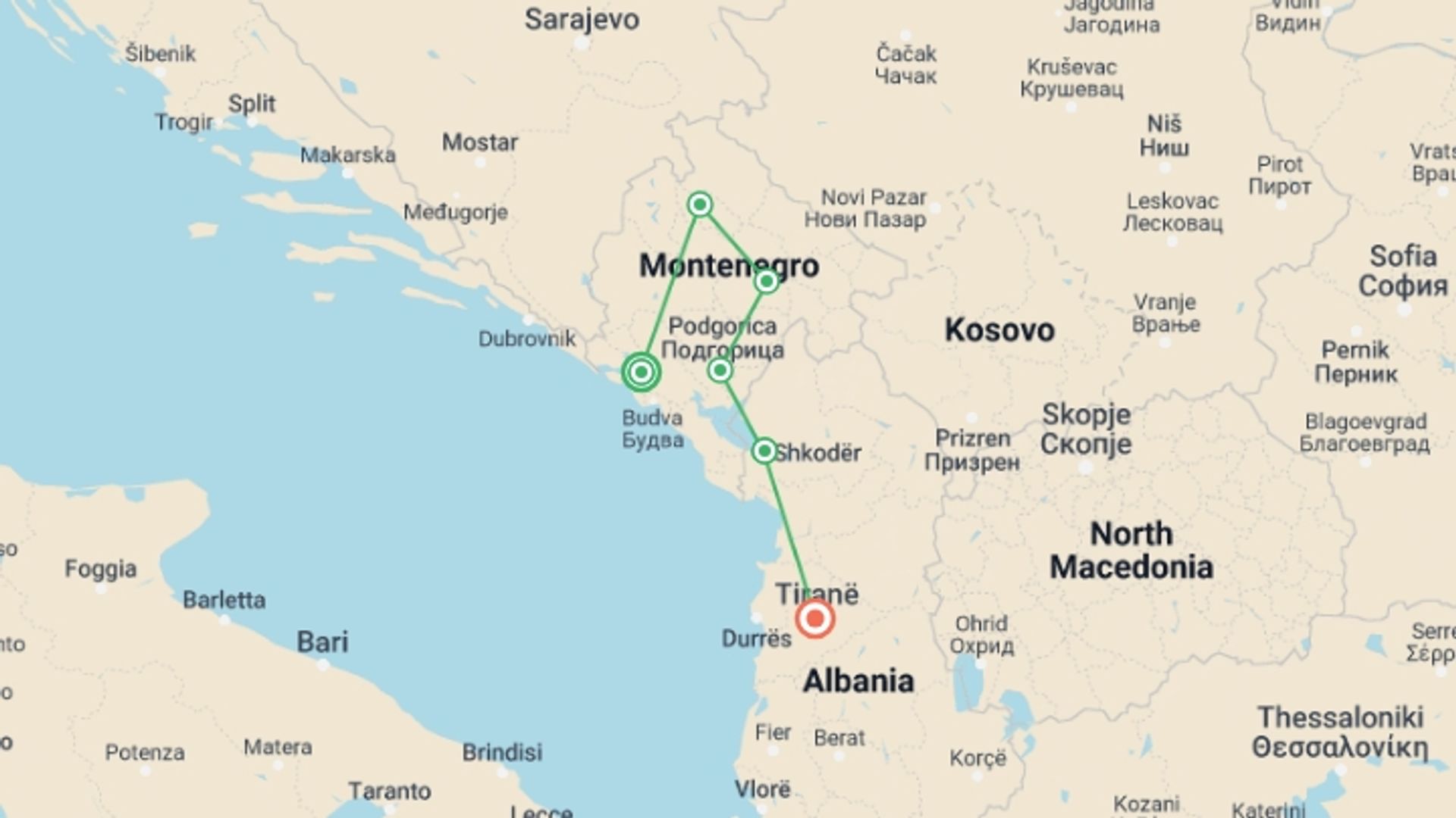 A map showing the tour itinerary for the trip: Highlights of Montenegro, starting in Kotor, Montenegro and ending in Tirana, Albania going through 4 other destinations.