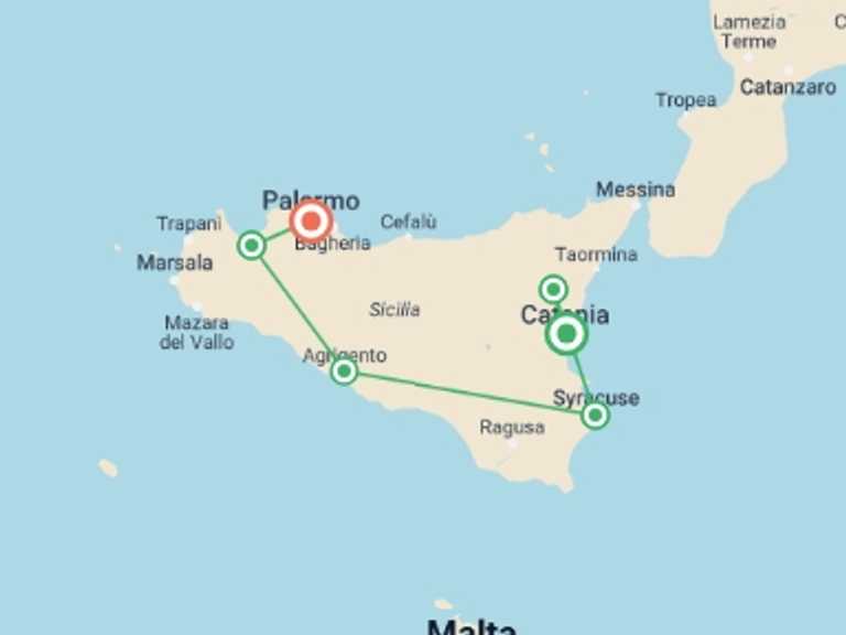 Map itinerary of Syracuse Tour in July 2026 with 7 destination visits for the trip: Flavours of Sicily