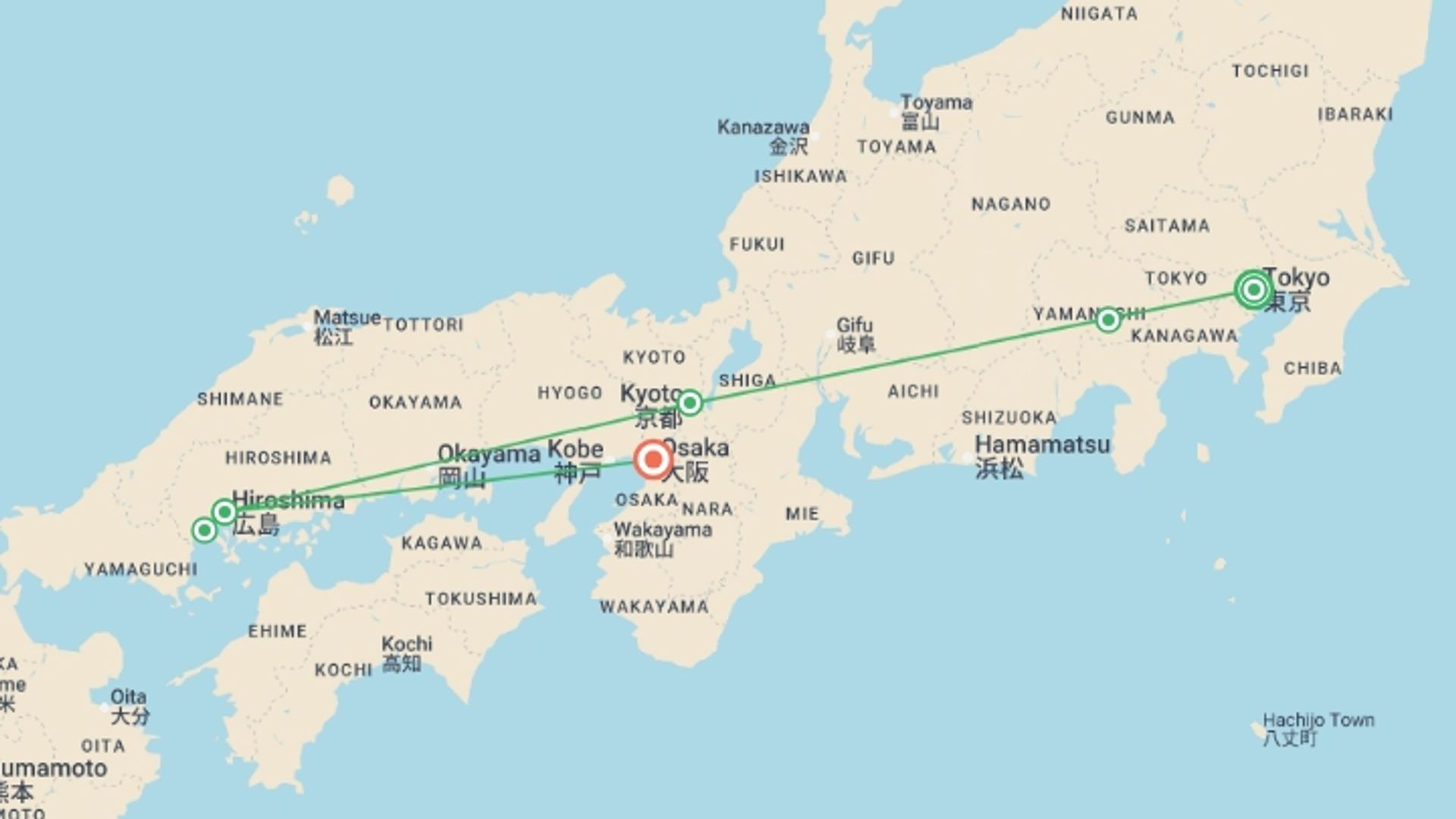 A map showing the tour itinerary for the trip: Best of Japan, starting in Tokyo, Japan and ending in Osaka, Japan going through 3 other destinations.