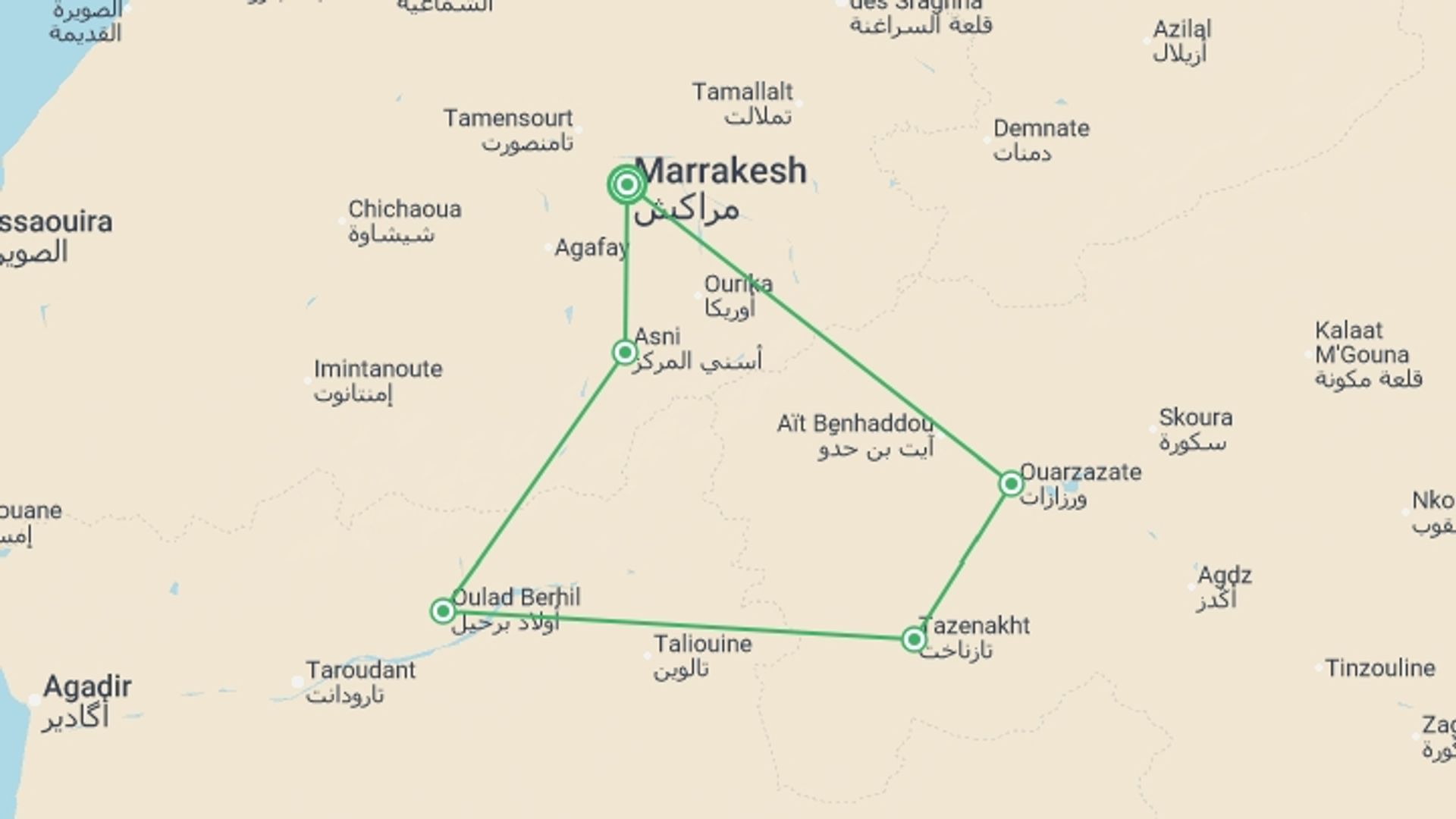 A map showing the tour itinerary for the trip: Ouarzazate & High Atlas, Private Tour, starting in Marrakech, Morocco and ending in Marrakech, Morocco going through 2 other destinations.