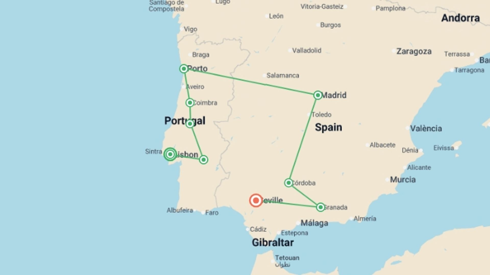 A map showing the tour itinerary for the trip: Journeys: Iconic Portugal & Spain, starting in Lisbon, Portugal and ending in Seville, Spain going through 6 other destinations.
