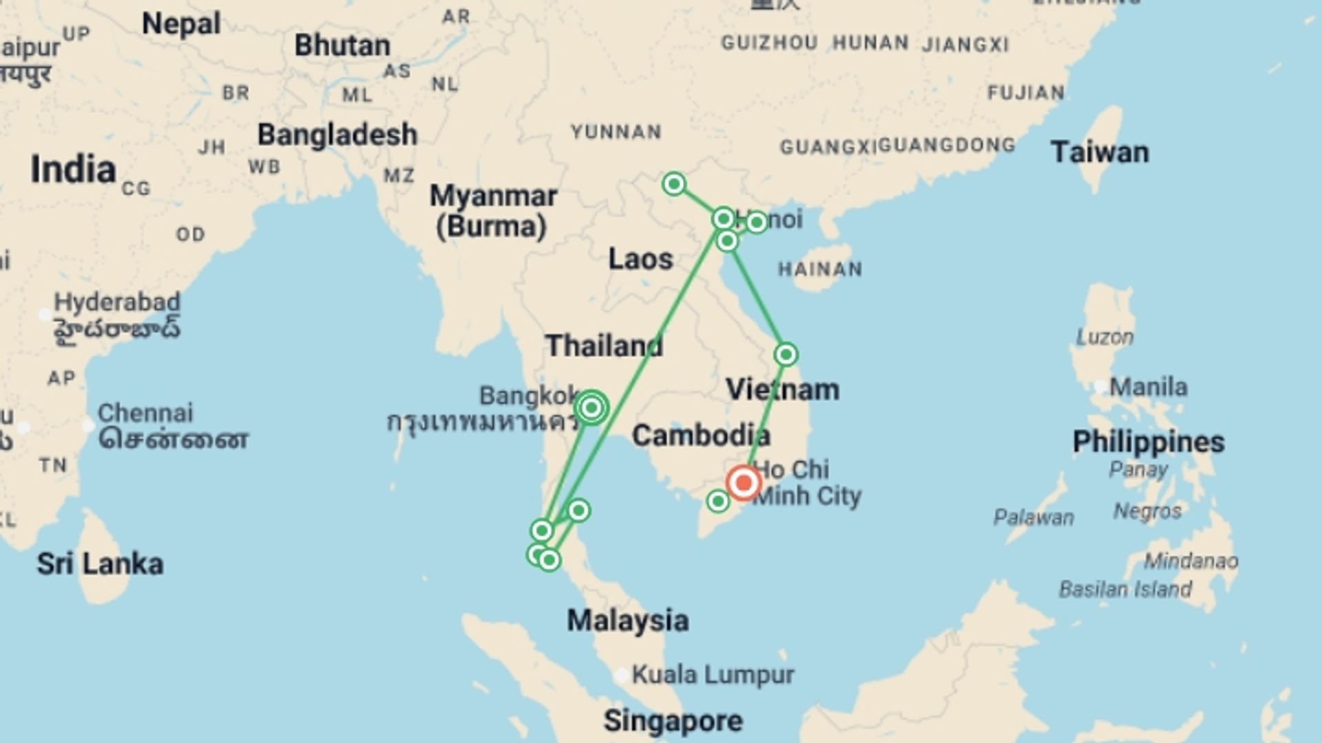 A map showing the tour itinerary for the trip: Bangkok to Ho Chi Minh City - 27 days, starting in Bangkok, Thailand and ending in Ho Chi Minh City, Vietnam going through 10 other destinations.