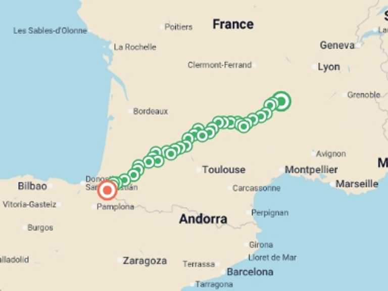 Map itinerary of France Tour in May 2026 with 38 destination visits for the trip: Full Le Puy Camino