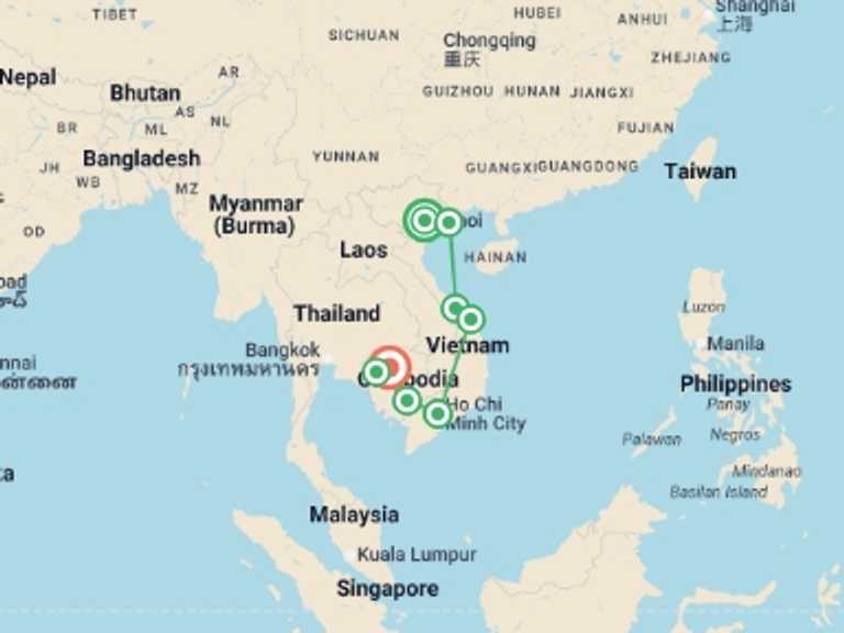Map of Asia Tour with 10 destination visits for the trip: Vietnam & Cambodia Highlights: Hanoi to Siem Reap