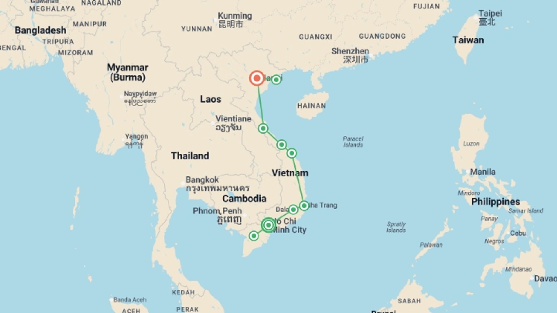 A map showing the tour itinerary for the trip: Best of Vietnam, starting in Ho Chi Minh City, Vietnam and ending in Hanoi, Vietnam going through 7 other destinations.
