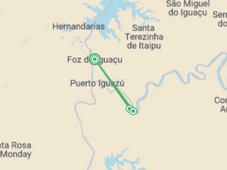 Map itinerary of South America Tour in February 2027 with 4 destination visits for the trip: Iguazu Falls Independent Short Break