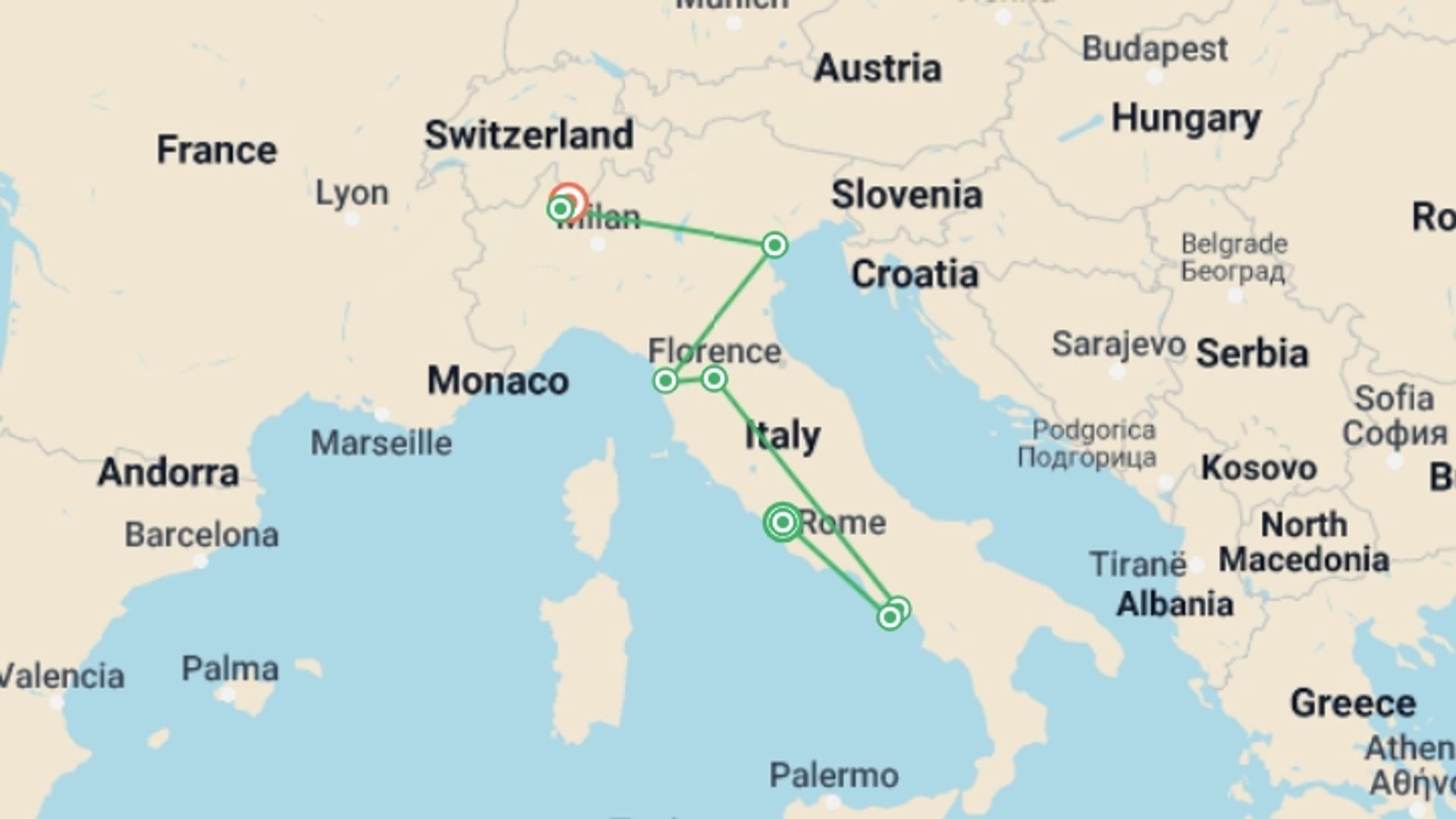 A map showing the tour itinerary for the trip: Italian Vistas , starting in Rome, Italy and ending in Lake Maggiore, Italy going through 1 other destinations.