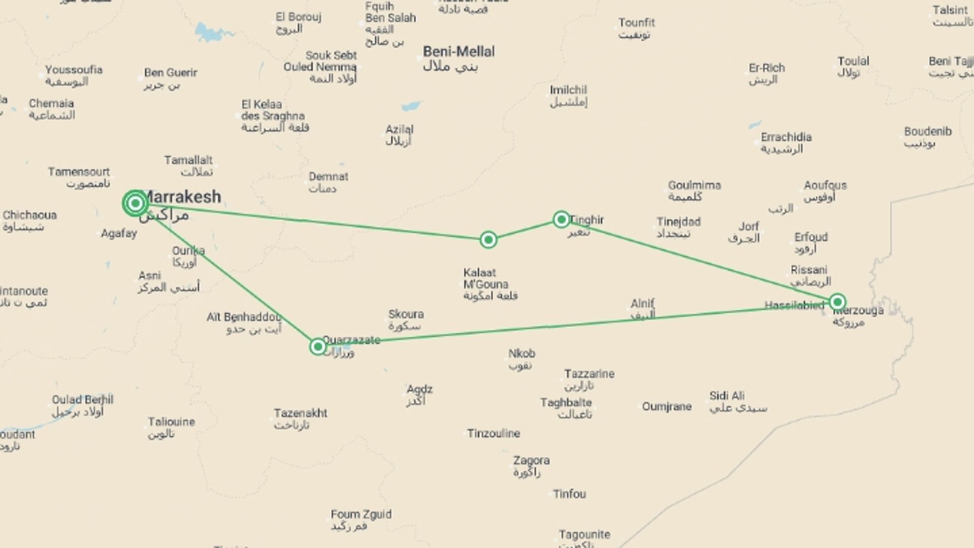 A map showing the tour itinerary for the trip: Rock the Kasbah - 10 Days, starting in Marrakech, Morocco and ending in Marrakech, Morocco going through 4 other destinations.