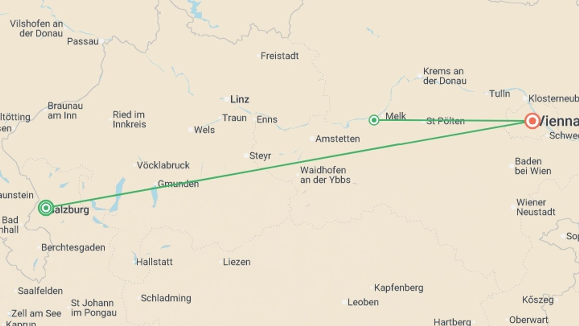 A map showing the tour itinerary for the trip: Salzburg, Vienna & Danube Valley - 8 days, starting in Salzburg, Austria and ending in Vienna, Austria going through 1 other destinations.