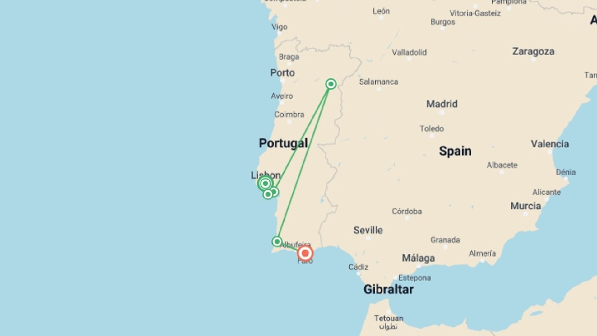 A map showing the tour itinerary for the trip: Cycle Portugal - Lisbon to Algarve, starting in Lisbon, Portugal and ending in Faro, Portugal going through 4 other destinations.
