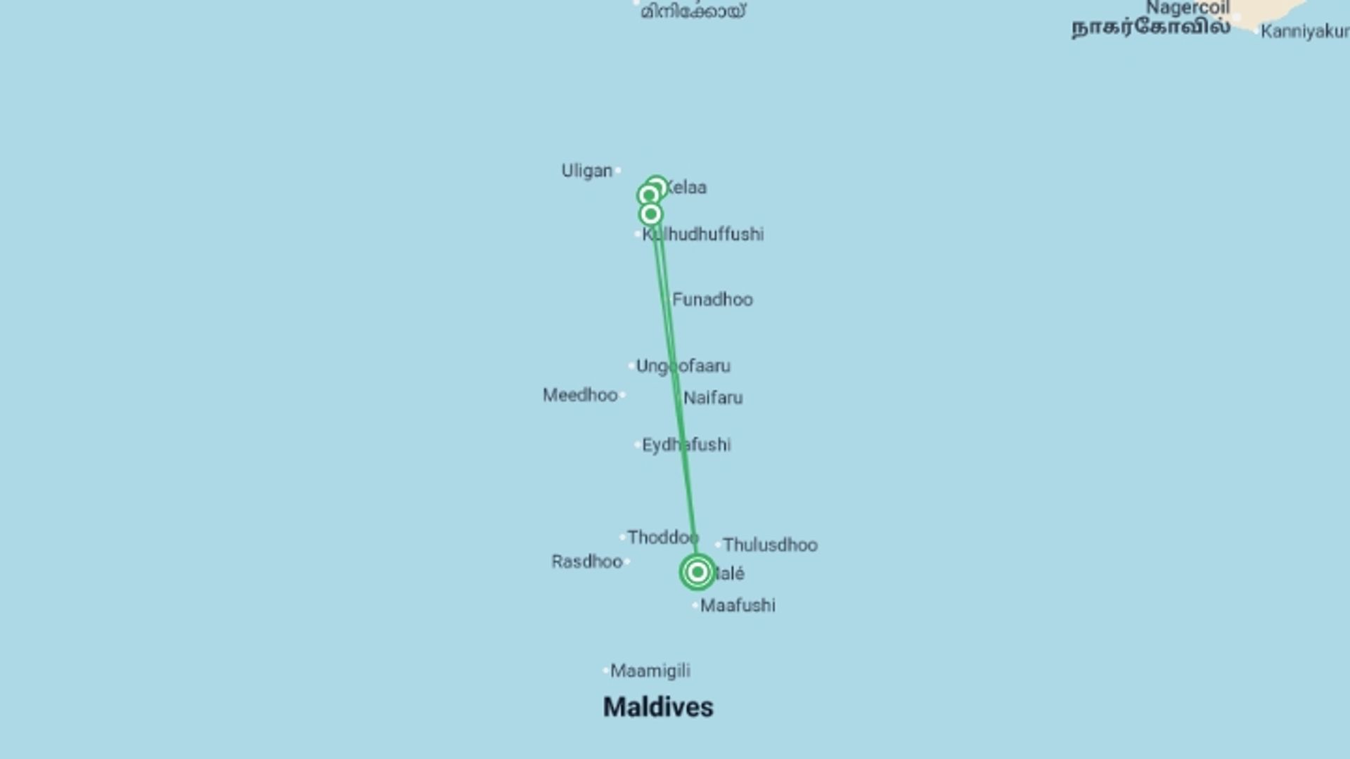 A map showing the tour itinerary for the trip: Northern Maldives Discovery - 8 days, starting in Male, Maldives and ending in Male, Maldives going through 4 other destinations.