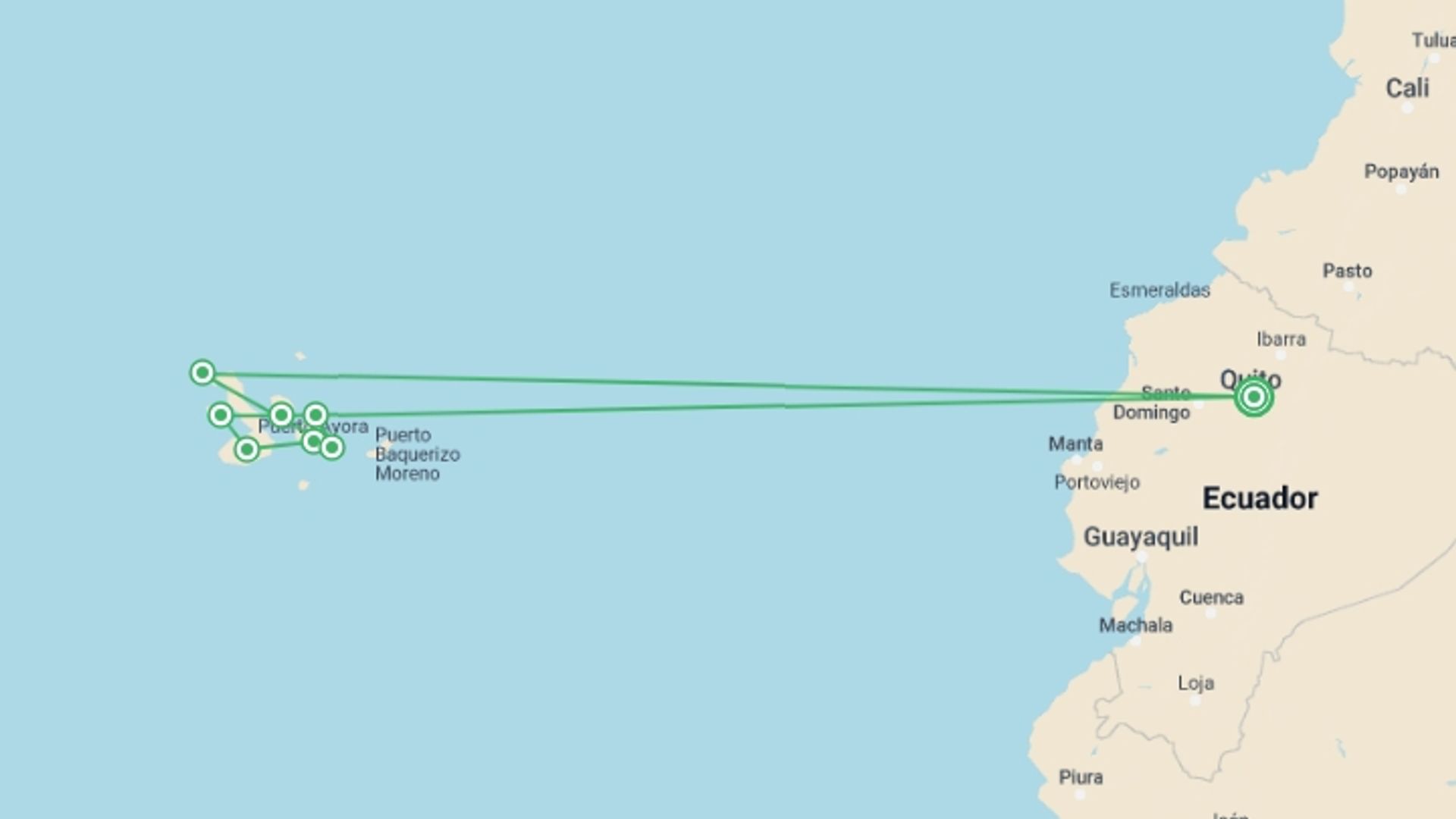 A map showing the tour itinerary for the trip: Galapagos - Central, West & East Islands aboard the Archipel I, starting in Quito, Ecuador and ending in Quito, Ecuador going through 7 other destinations.