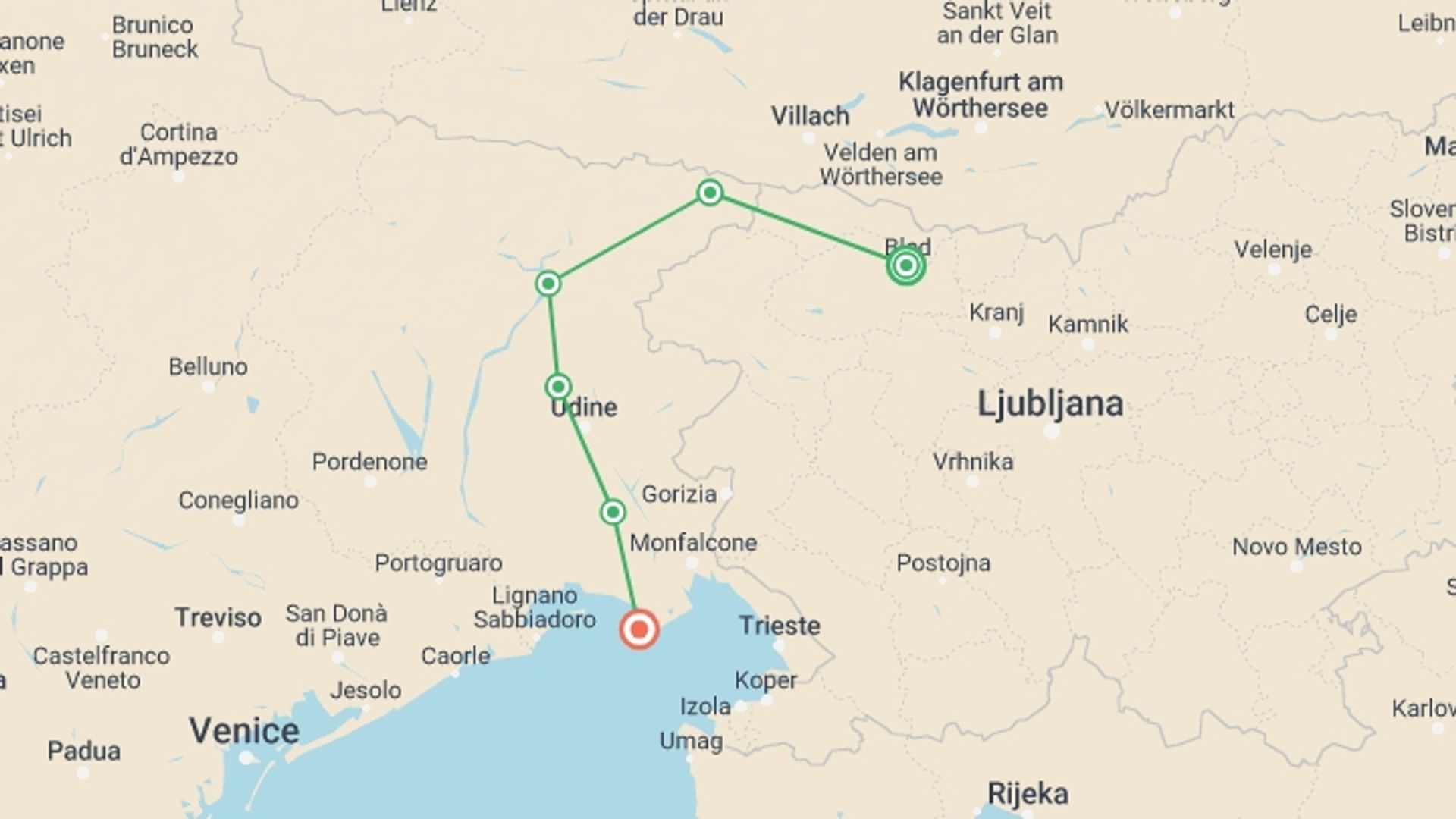 A map showing the tour itinerary for the trip: Julian Alps to the Adriatic Cycling, starting in Bled, Slovenia and ending in Grado, Italy going through 4 other destinations.