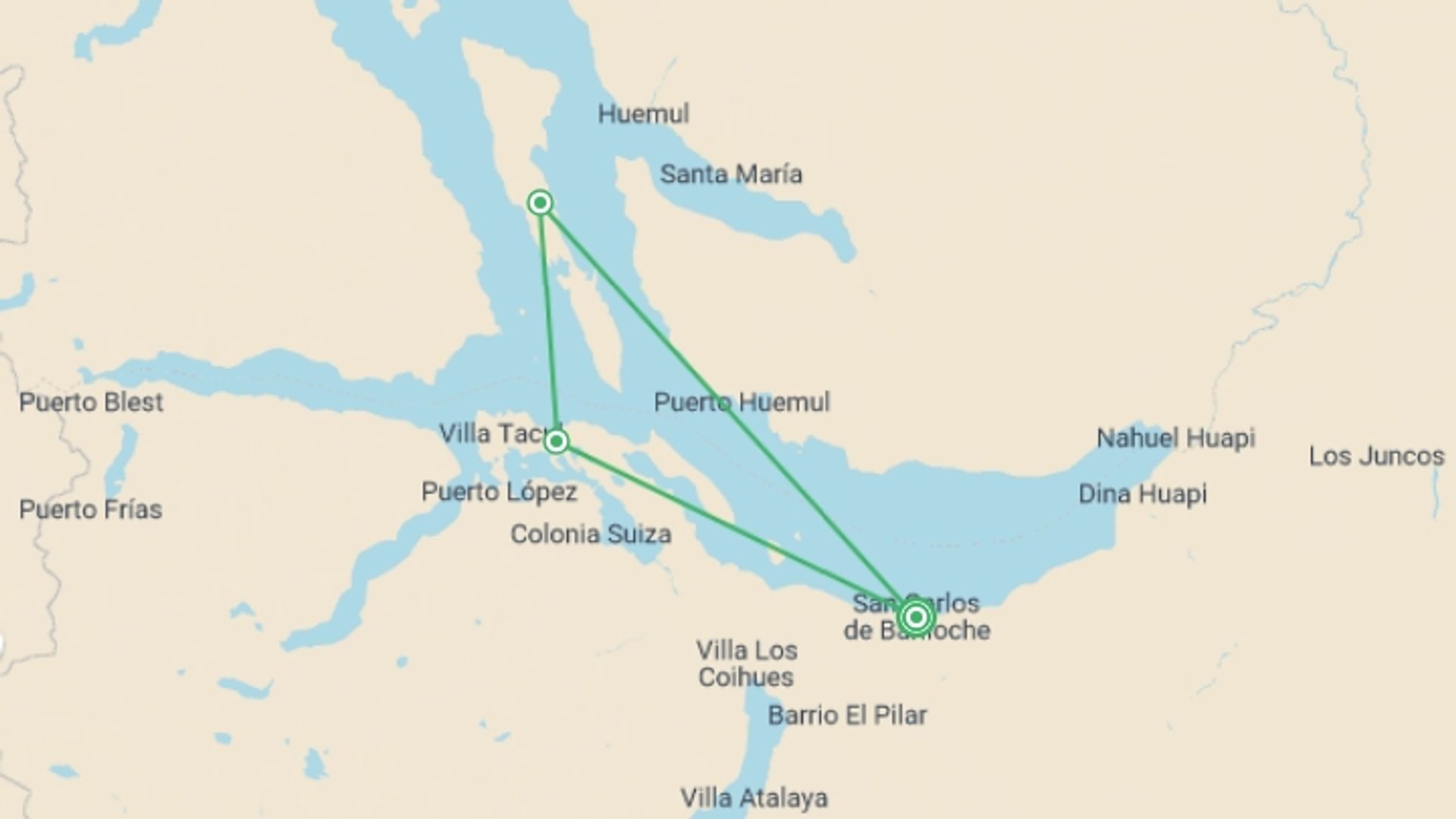 A map showing the tour itinerary for the trip: Bariloche Nature Discovery 4D/3N, starting in San Carlos de Bariloche, Argentina and ending in San Carlos de Bariloche, Argentina going through 1 other destinations.