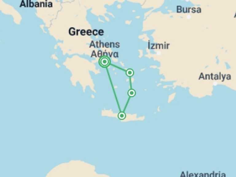 Map of Greece Chill out Tour with 4 destination visits for the trip: Greek Isles Adventure with Crete