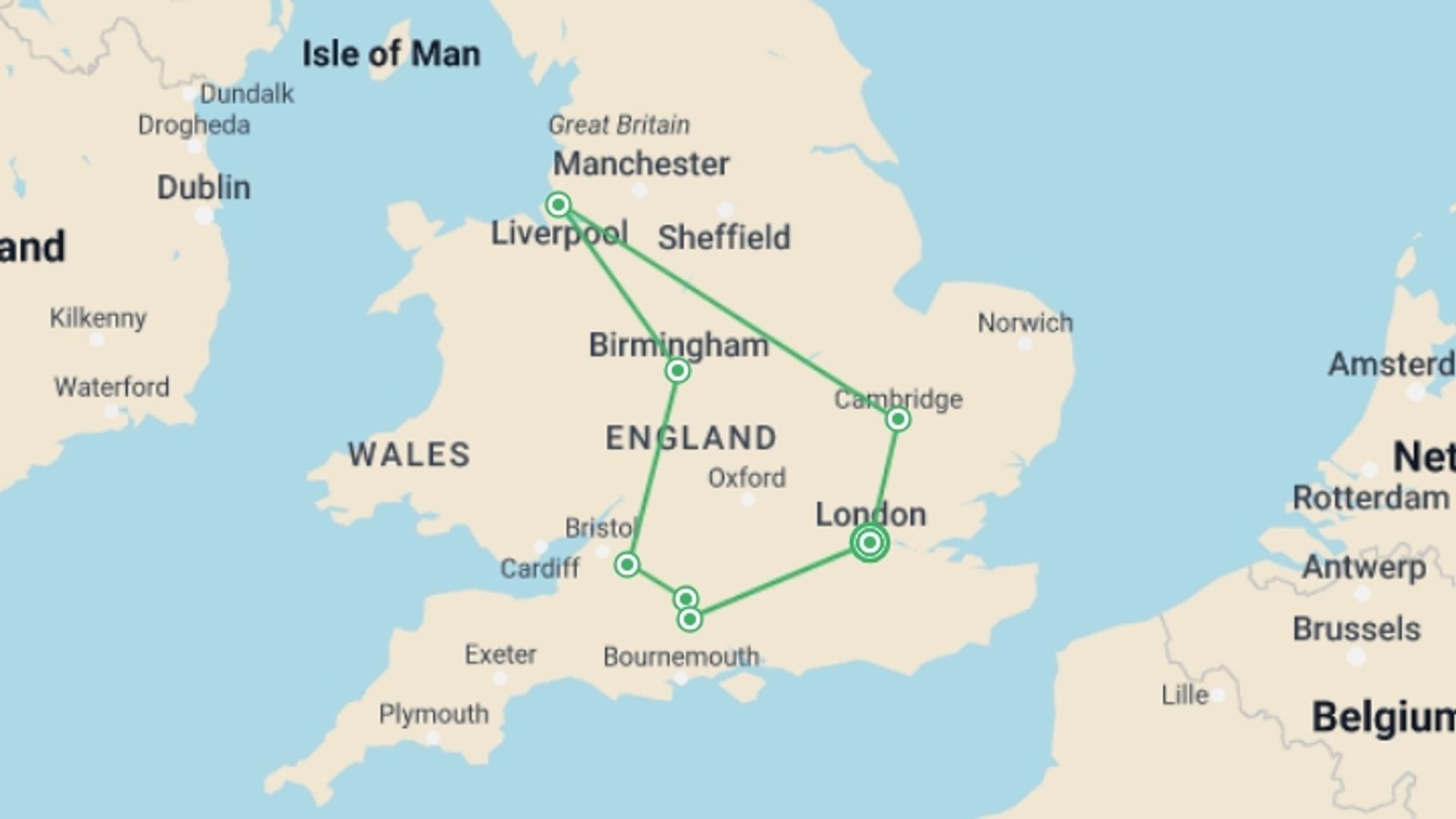 A map showing the tour itinerary for the trip: Touring Southern England with London, starting in London, England and ending in London, England going through 3 other destinations.