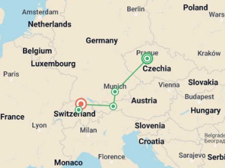 Map of Prague City sightseeing Tour with 3 destination visits for the trip: From Prague to Zurich