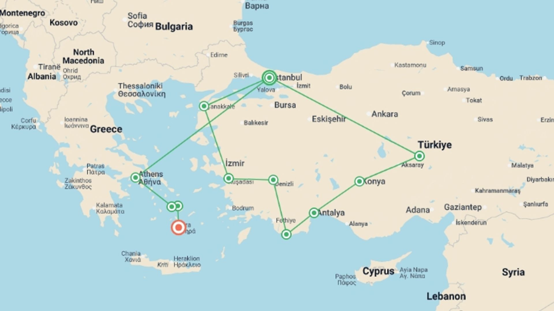 A map showing the tour itinerary for the trip: Premium Turkey & The Cyclades Islands in Depth, starting in Istanbul, Turkey and ending in Santorini, Greece going through 10 other destinations.