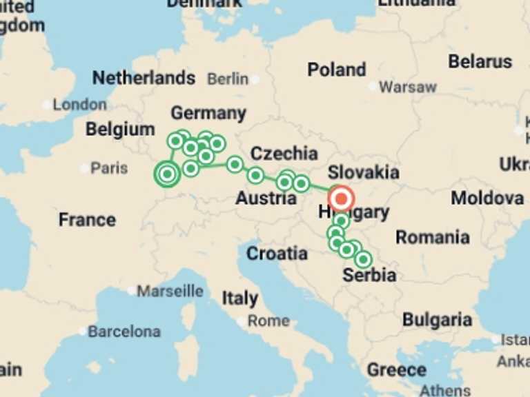 Map itinerary of Vienna Tour in September 2026 with 14 destination visits for the trip: Trans-European cruise from Strasbourg to Budapest (port-to-port cruise)