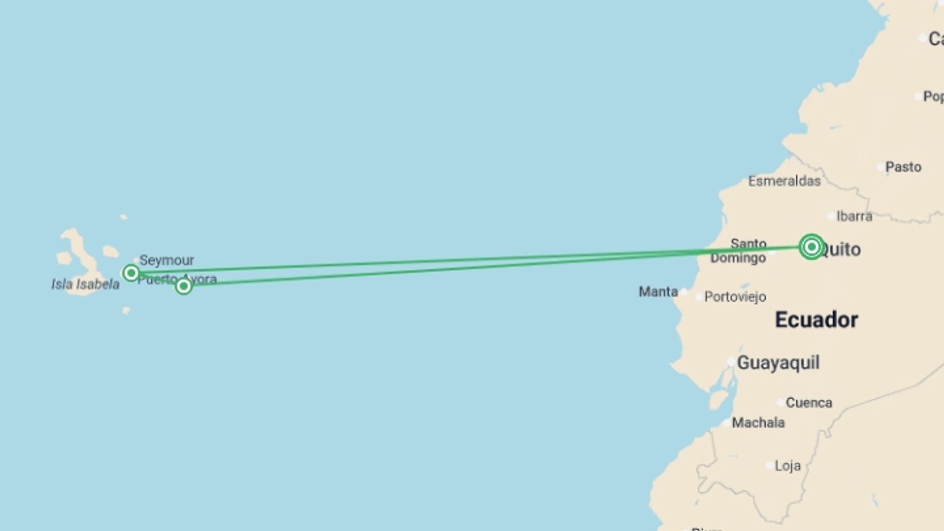 A map showing the tour itinerary for the trip: Quito And Galapagos Adventure, starting in Quito, Ecuador and ending in Quito, Ecuador going through 2 other destinations.