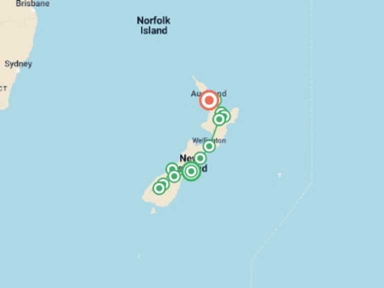 Map itinerary of Auckland Tour in Fall with 12 destination visits for the trip: New Zealand Amplified (Northbound)