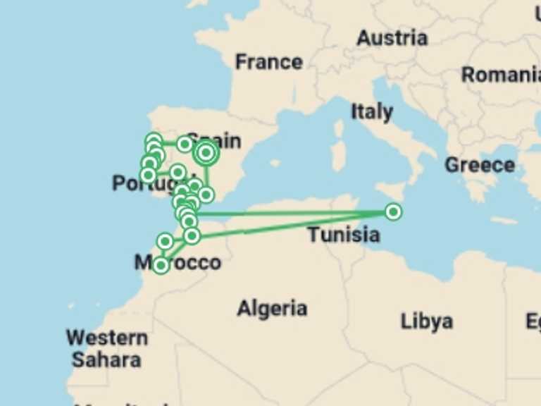 Map itinerary of Europe Tour in August 2026 with 13 destination visits for the trip: Jewels of Spain, Portugal & Morocco - 21 days 