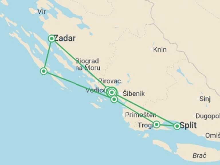 Map of Split Active and outdoor Tour with 7 destination visits for the trip: Dalmatian Highlights Zadar And Split Region Cruise (deluxe Boat Category)