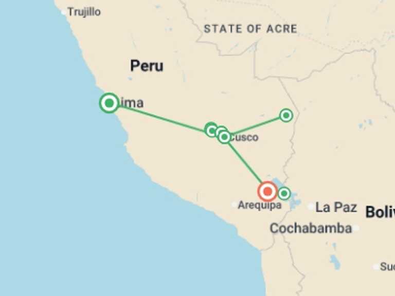 Map itinerary of Peru Tour in October 2026 with 9 destination visits for the trip: Best of Peru