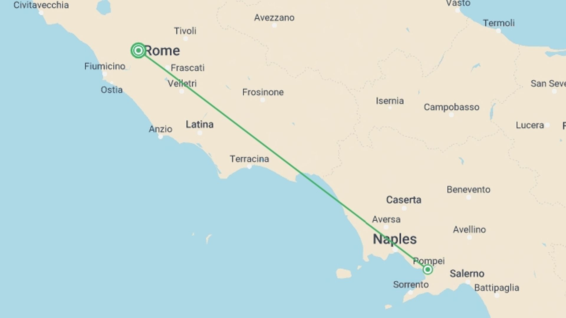 A map showing the tour itinerary for the trip: Beautiful Campania, starting in Rome, Italy and ending in Rome, Italy going through 1 other destinations.