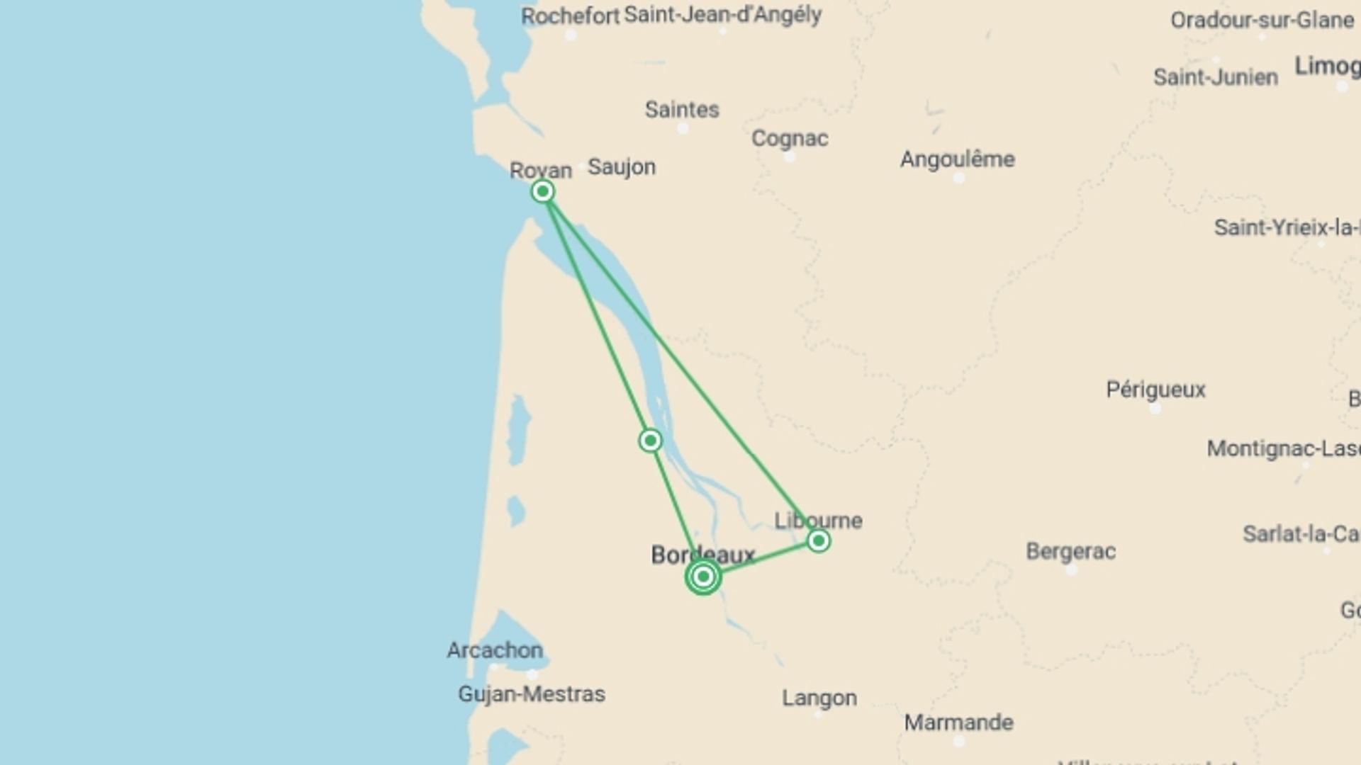 A map showing the tour itinerary for the trip: Fall Festival: History, Wine, and Heritage on Rivers in Southwestern France, starting in Bordeaux, France and ending in Bordeaux, France going through 4 other destinations.