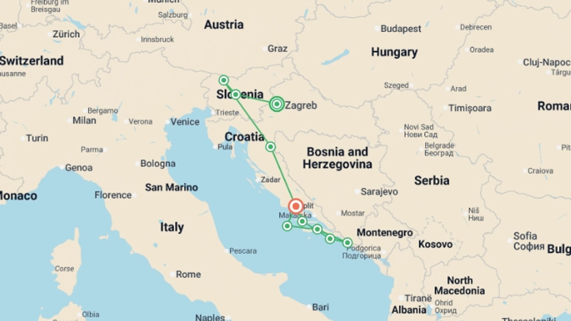 A map showing the tour itinerary for the trip: Highlights of Croatia & Slovenia  - 11 days, starting in Zagreb, Croatia and ending in Split, Croatia going through 7 other destinations.