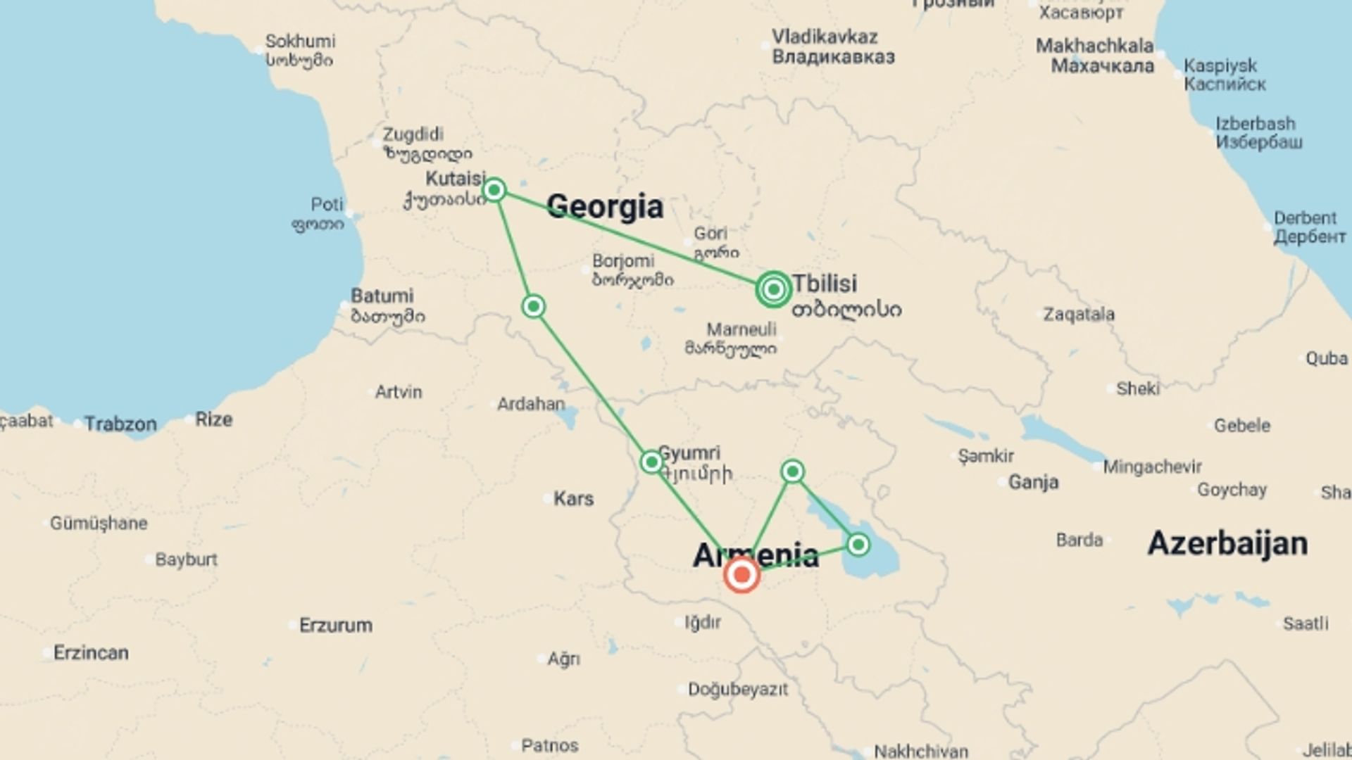 A map showing the tour itinerary for the trip: Georgia & Armenia Explorer, starting in Tbilisi, Georgia and ending in Yerevan, Armenia going through 5 other destinations.