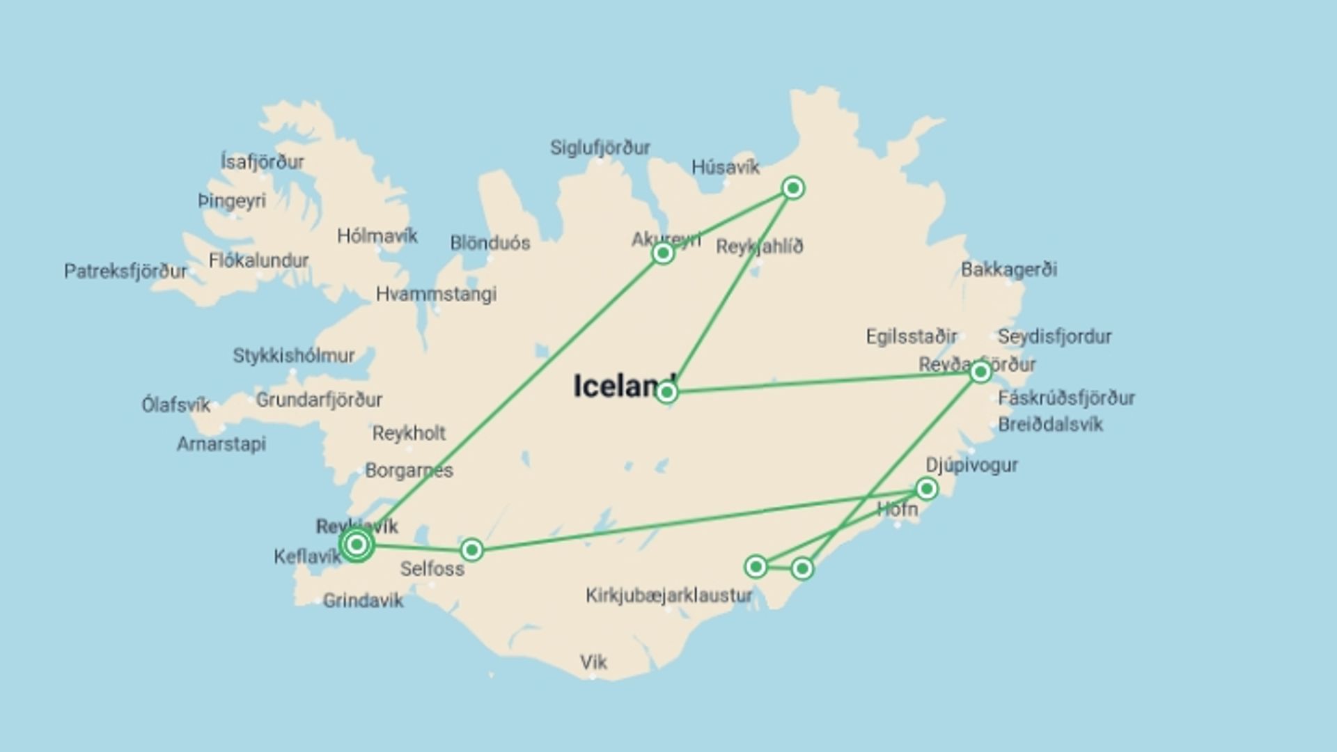 A map showing the tour itinerary for the trip: Self-drive tour around Iceland, starting in Reykjavik, Iceland and ending in Reykjavik, Iceland going through 4 other destinations.