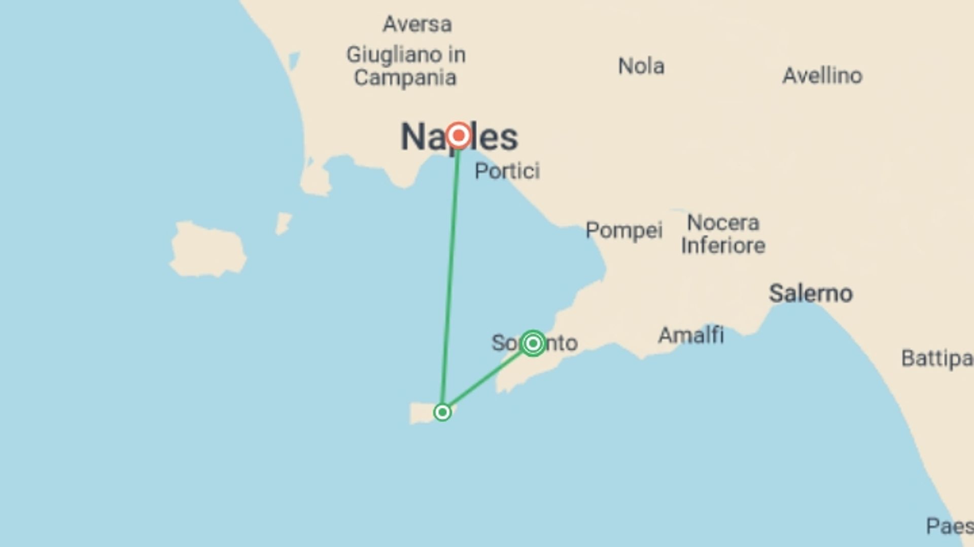 A map showing the tour itinerary for the trip: Sorrento Escape, Private Tour, starting in Sorrento, Italy and ending in Naples, Italy going through 1 other destinations.